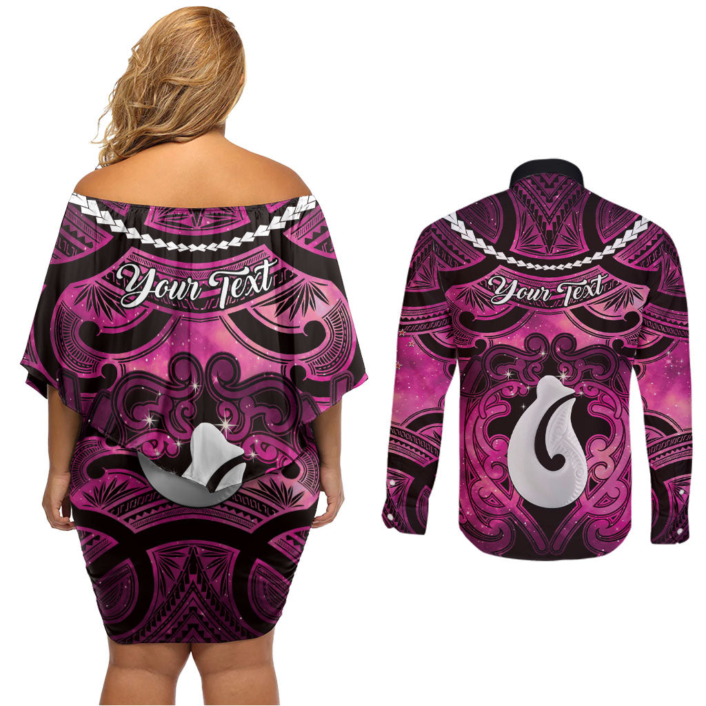 Personalised Maori Matariki Hei Matau Mawhero Couples Matching Off Shoulder Short Dress and Long Sleeve Button Shirt Maori Kowhaiwhai Pattern Galaxy