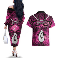 Personalised Maori Matariki Hei Matau Mawhero Couples Matching Off The Shoulder Long Sleeve Dress and Hawaiian Shirt Maori Kowhaiwhai Pattern Galaxy