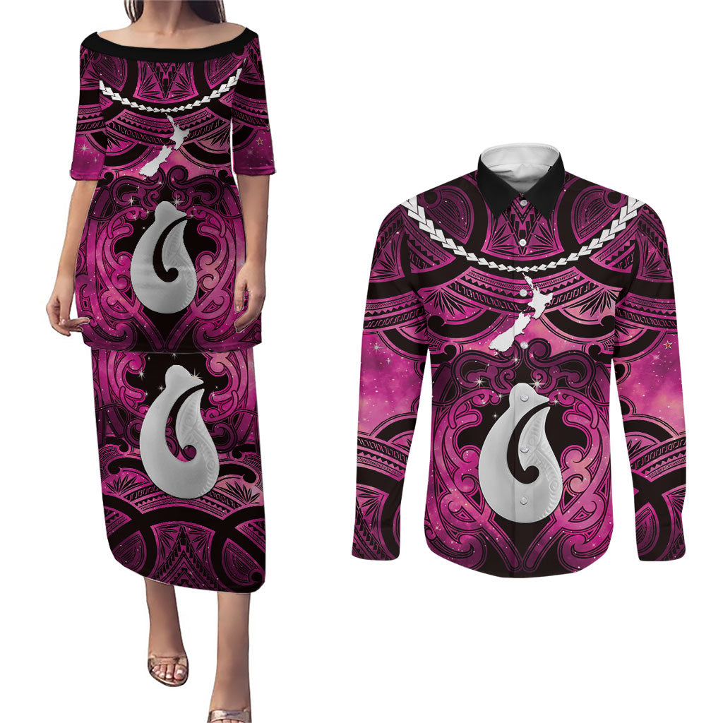 Personalised Maori Matariki Hei Matau Mawhero Couples Matching Puletasi and Long Sleeve Button Shirt Maori Kowhaiwhai Pattern Galaxy LT01 Pink - Polynesian Pride