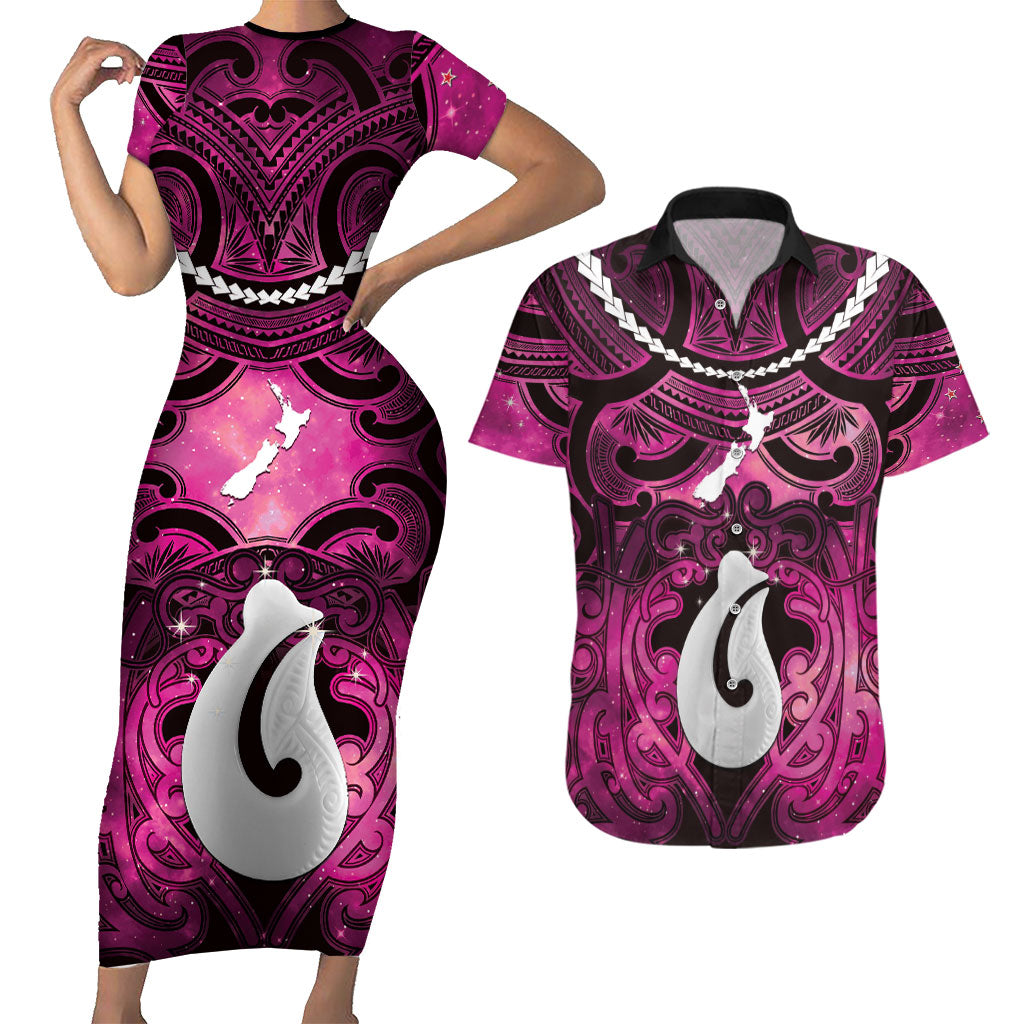 Personalised Maori Matariki Hei Matau Mawhero Couples Matching Short Sleeve Bodycon Dress and Hawaiian Shirt Maori Kowhaiwhai Pattern Galaxy