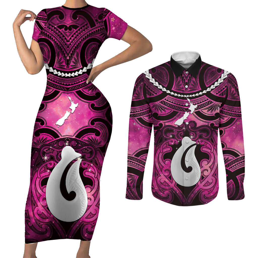 Personalised Maori Matariki Hei Matau Mawhero Couples Matching Short Sleeve Bodycon Dress and Long Sleeve Button Shirt Maori Kowhaiwhai Pattern Galaxy LT01 Pink - Polynesian Pride