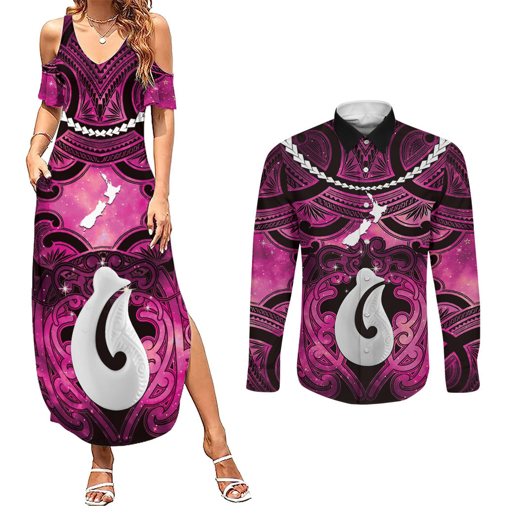 Personalised Maori Matariki Hei Matau Mawhero Couples Matching Summer Maxi Dress and Long Sleeve Button Shirt Maori Kowhaiwhai Pattern Galaxy LT01 Pink - Polynesian Pride
