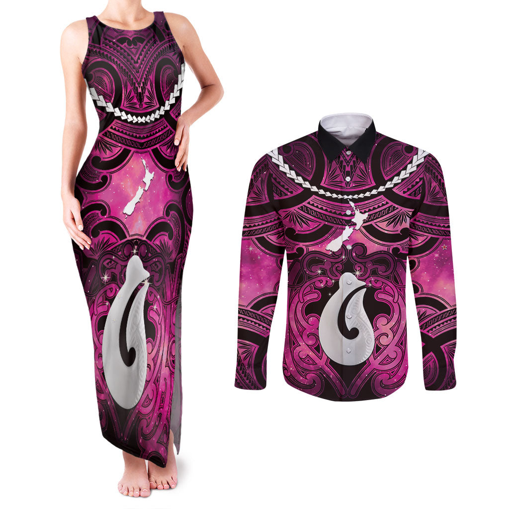 Personalised Maori Matariki Hei Matau Mawhero Couples Matching Tank Maxi Dress and Long Sleeve Button Shirt Maori Kowhaiwhai Pattern Galaxy LT01 Pink - Polynesian Pride