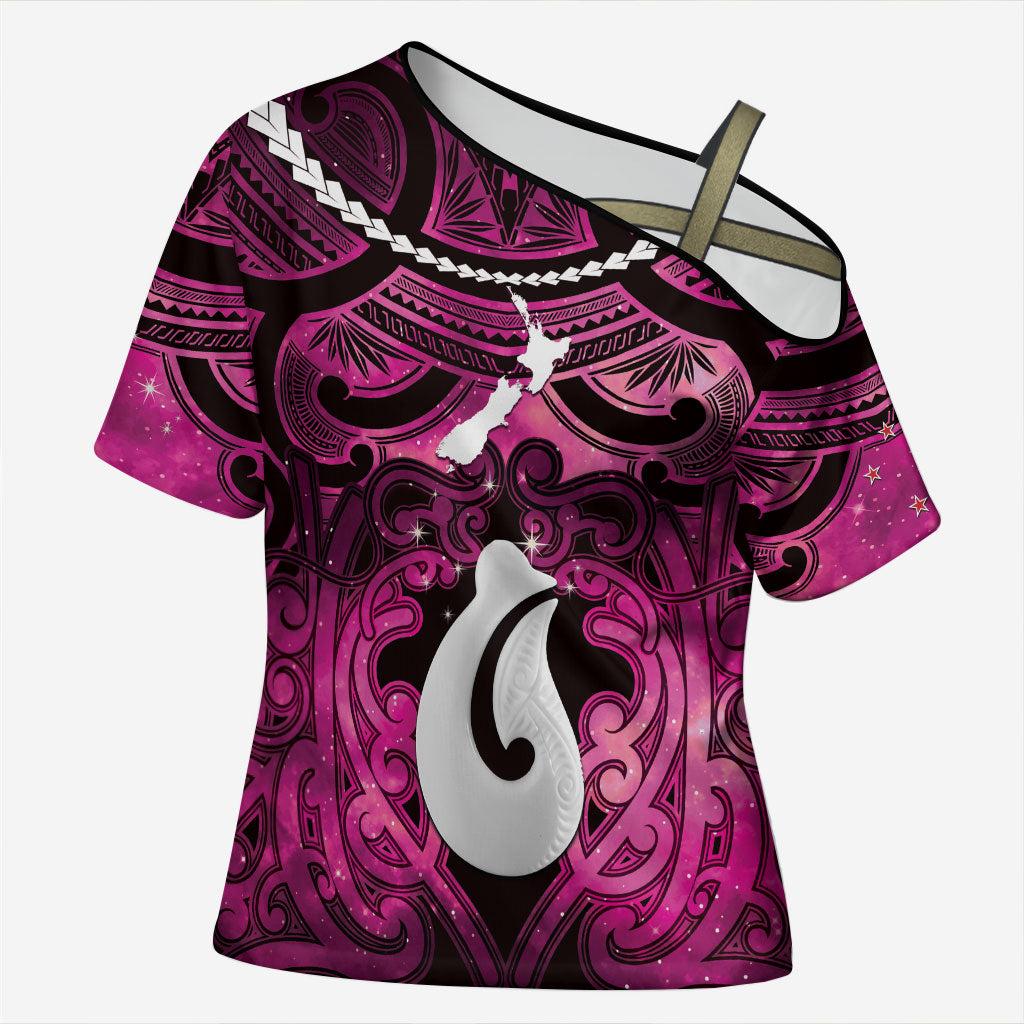 Personalised Maori Matariki Hei Matau Mawhero Cross Shoulder Shirt Maori Kowhaiwhai Pattern Galaxy LT01 Female Pink - Polynesian Pride