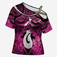 Personalised Maori Matariki Hei Matau Mawhero Cross Shoulder Shirt Maori Kowhaiwhai Pattern Galaxy LT01 Female Pink - Polynesian Pride