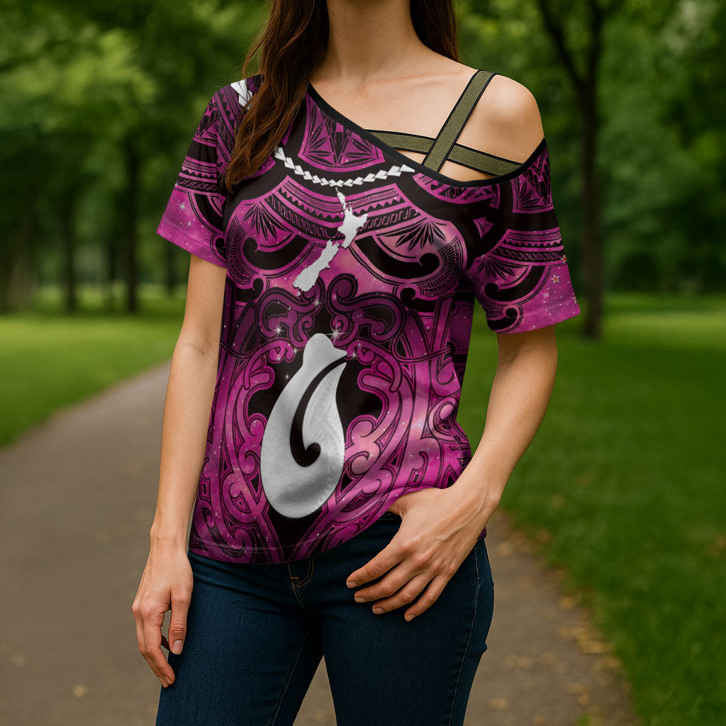 Personalised Maori Matariki Hei Matau Mawhero Cross Shoulder Shirt Maori Kowhaiwhai Pattern Galaxy LT01 - Polynesian Pride