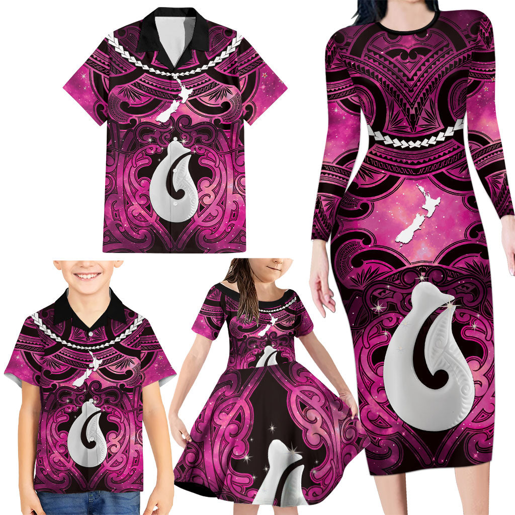 Personalised Maori Matariki Hei Matau Mawhero Family Matching Long Sleeve Bodycon Dress and Hawaiian Shirt Maori Kowhaiwhai Pattern Galaxy LT01 - Polynesian Pride