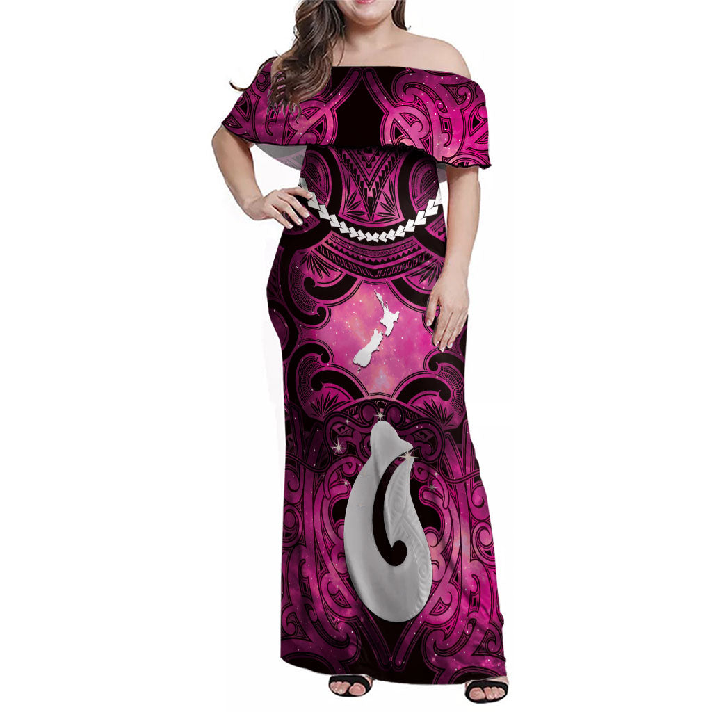 Personalised Maori Matariki Hei Matau Mawhero Family Matching Off Shoulder Maxi Dress and Hawaiian Shirt Maori Kowhaiwhai Pattern Galaxy