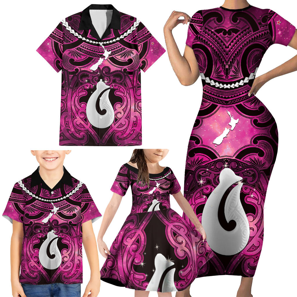 Personalised Maori Matariki Hei Matau Mawhero Family Matching Short Sleeve Bodycon Dress and Hawaiian Shirt Maori Kowhaiwhai Pattern Galaxy