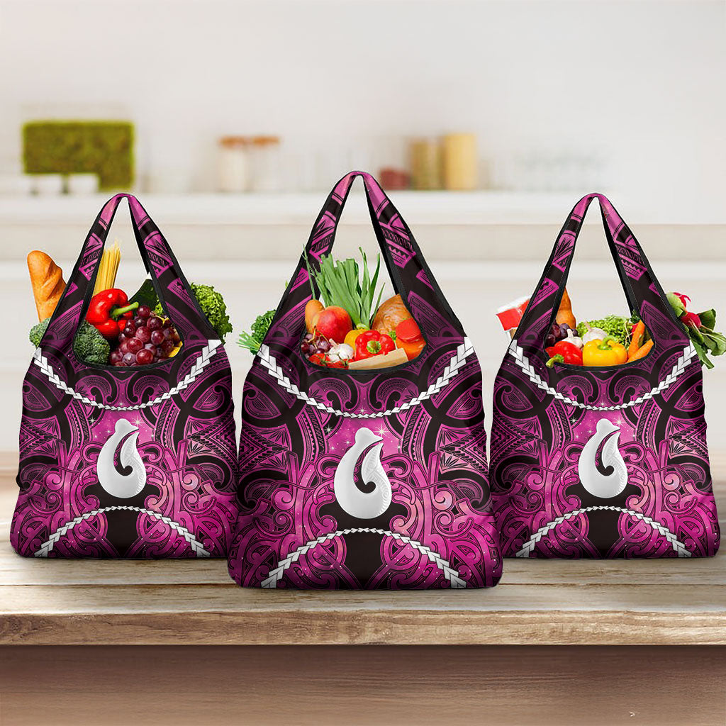 Maori Matariki Hei Matau Mawhero Grocery Bag Maori Kowhaiwhai Pattern Galaxy LT01 3-pack One Size Pink - Polynesian Pride