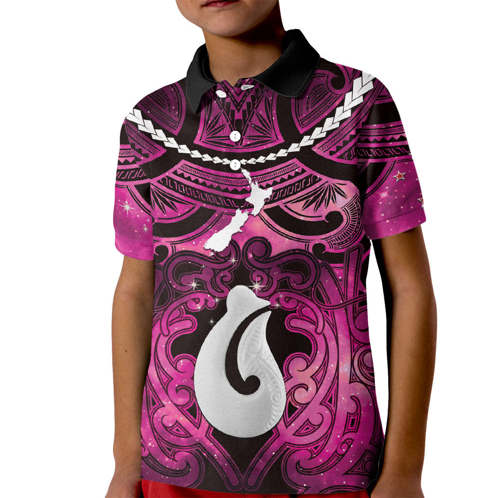 Personalised Maori Matariki Hei Matau Mawhero Kid Polo Shirt Maori Kowhaiwhai Pattern Galaxy LT01 Kid Pink - Polynesian Pride