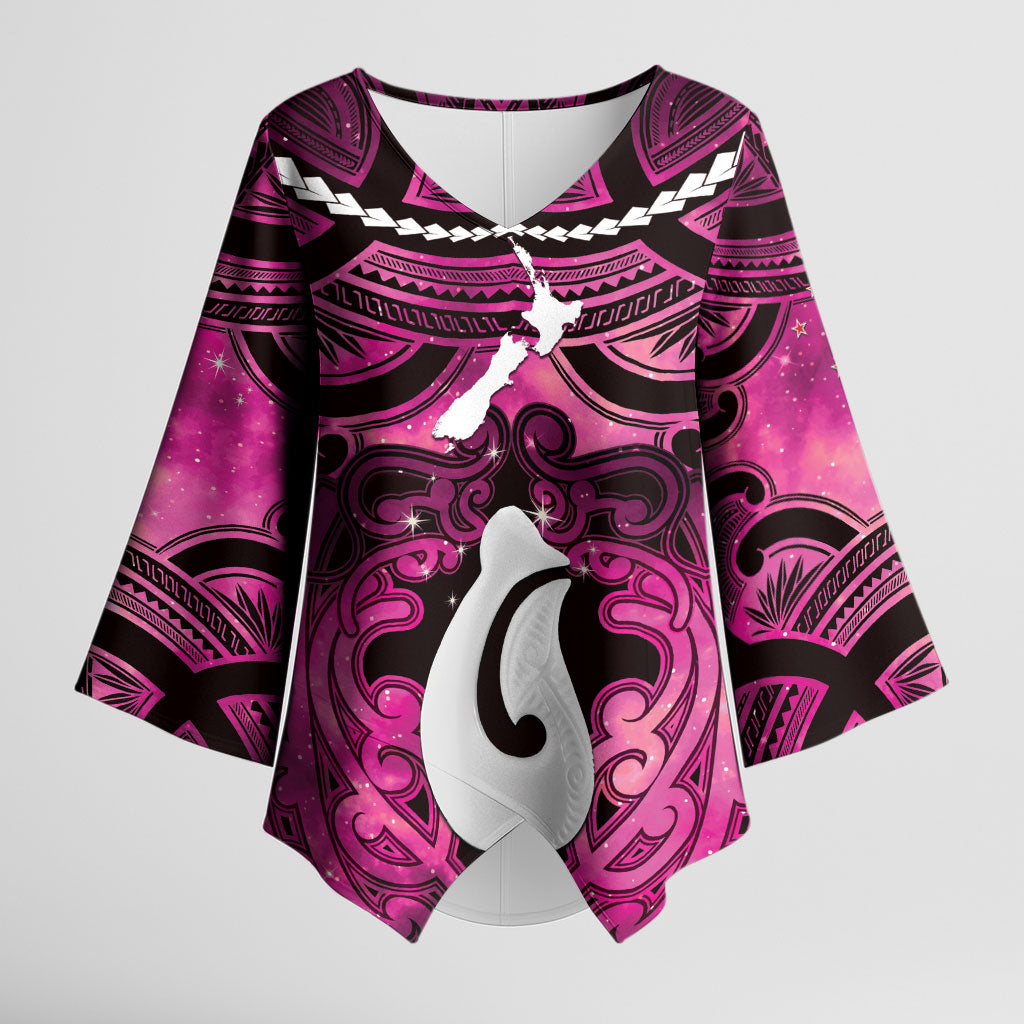 Personalised Maori Matariki Hei Matau Mawhero Kimono Sleeve Blouse Maori Kowhaiwhai Pattern Galaxy LT01 Female Pink - Polynesian Pride