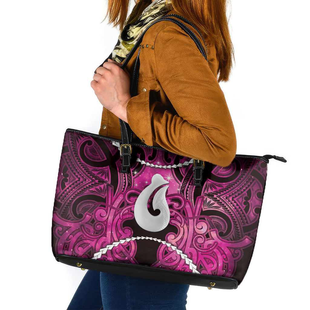 Maori Matariki Hei Matau Mawhero Leather Tote Bag Maori Kowhaiwhai Pattern Galaxy LT01 Pink - Polynesian Pride