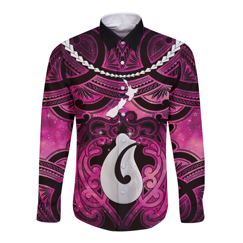 Personalised Maori Matariki Hei Matau Mawhero Long Sleeve Button Shirt Maori Kowhaiwhai Pattern Galaxy LT01 Unisex Pink - Polynesian Pride