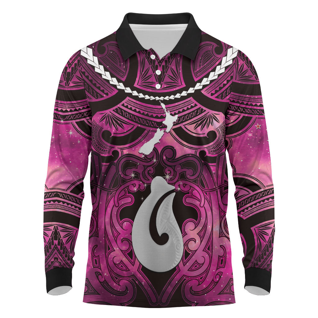 Personalised Maori Matariki Hei Matau Mawhero Long Sleeve Polo Shirt Maori Kowhaiwhai Pattern Galaxy LT01 Pink - Polynesian Pride