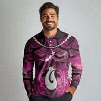 Personalised Maori Matariki Hei Matau Mawhero Long Sleeve Polo Shirt Maori Kowhaiwhai Pattern Galaxy LT01 - Polynesian Pride