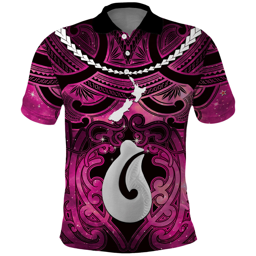 Personalised Maori Matariki Hei Matau Mawhero Polo Shirt Maori Kowhaiwhai Pattern Galaxy LT01 Pink - Polynesian Pride