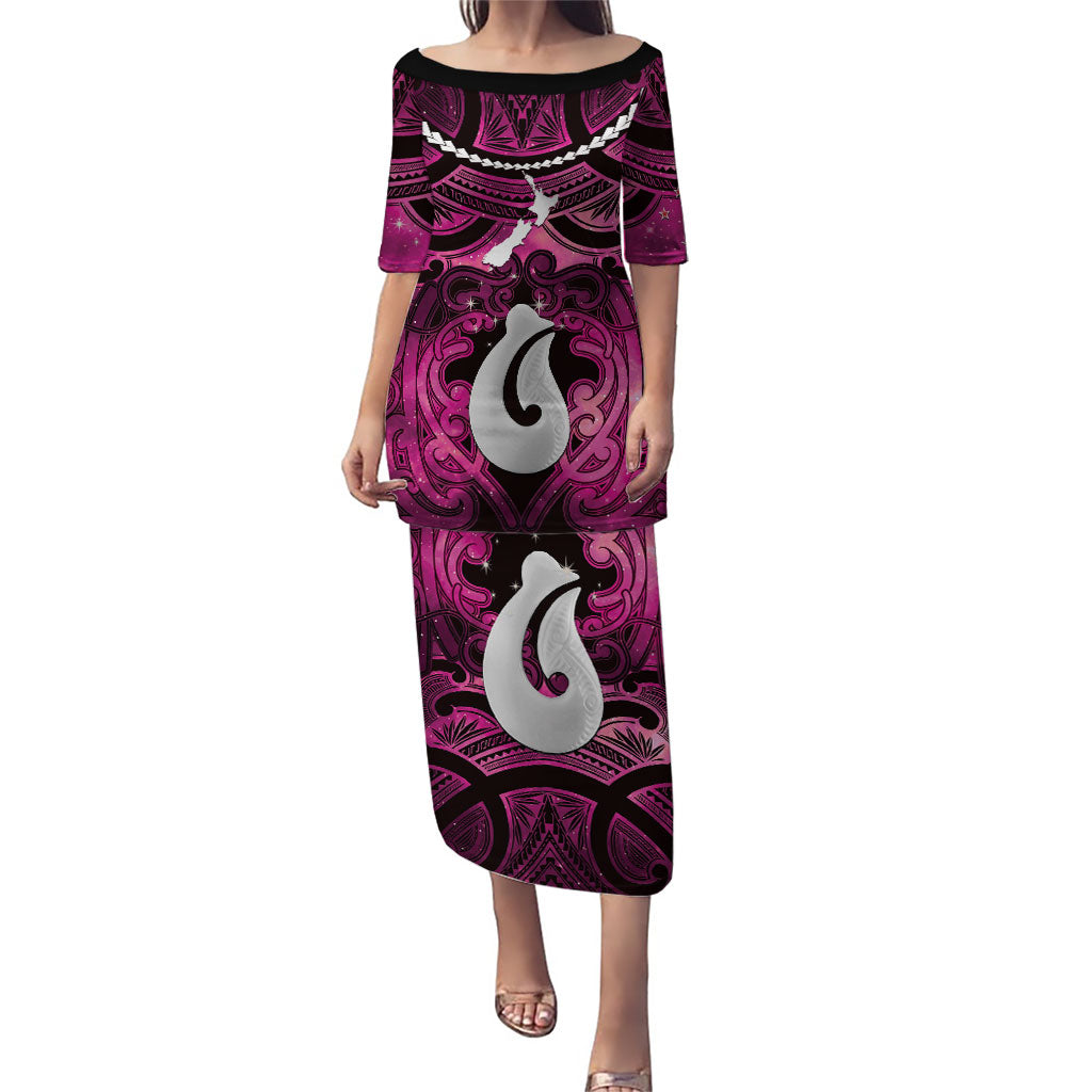 Personalised Maori Matariki Hei Matau Mawhero Puletasi Maori Kowhaiwhai Pattern Galaxy LT01 Long Dress Pink - Polynesian Pride