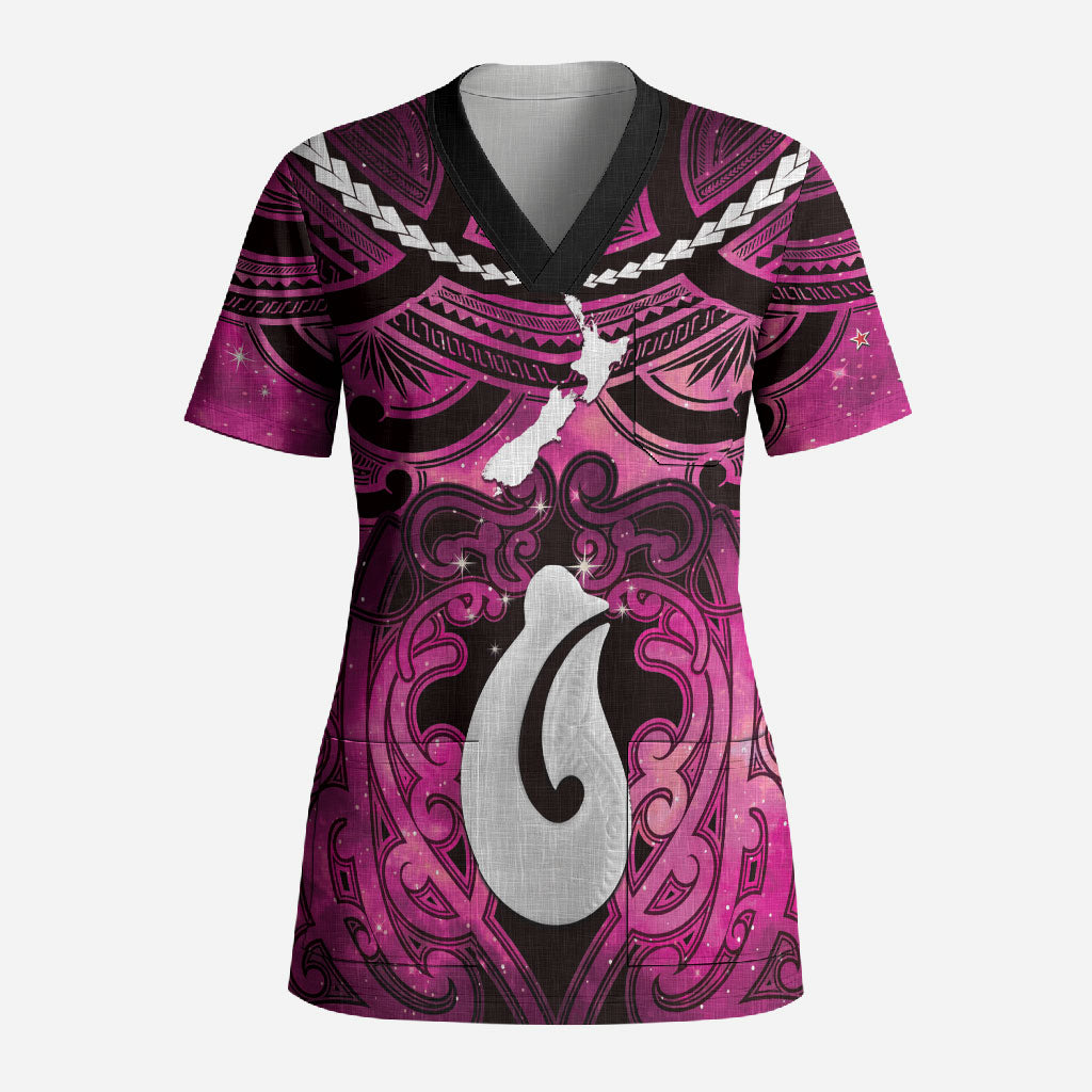 Personalised Maori Matariki Hei Matau Mawhero Scrub Top Maori Kowhaiwhai Pattern Galaxy