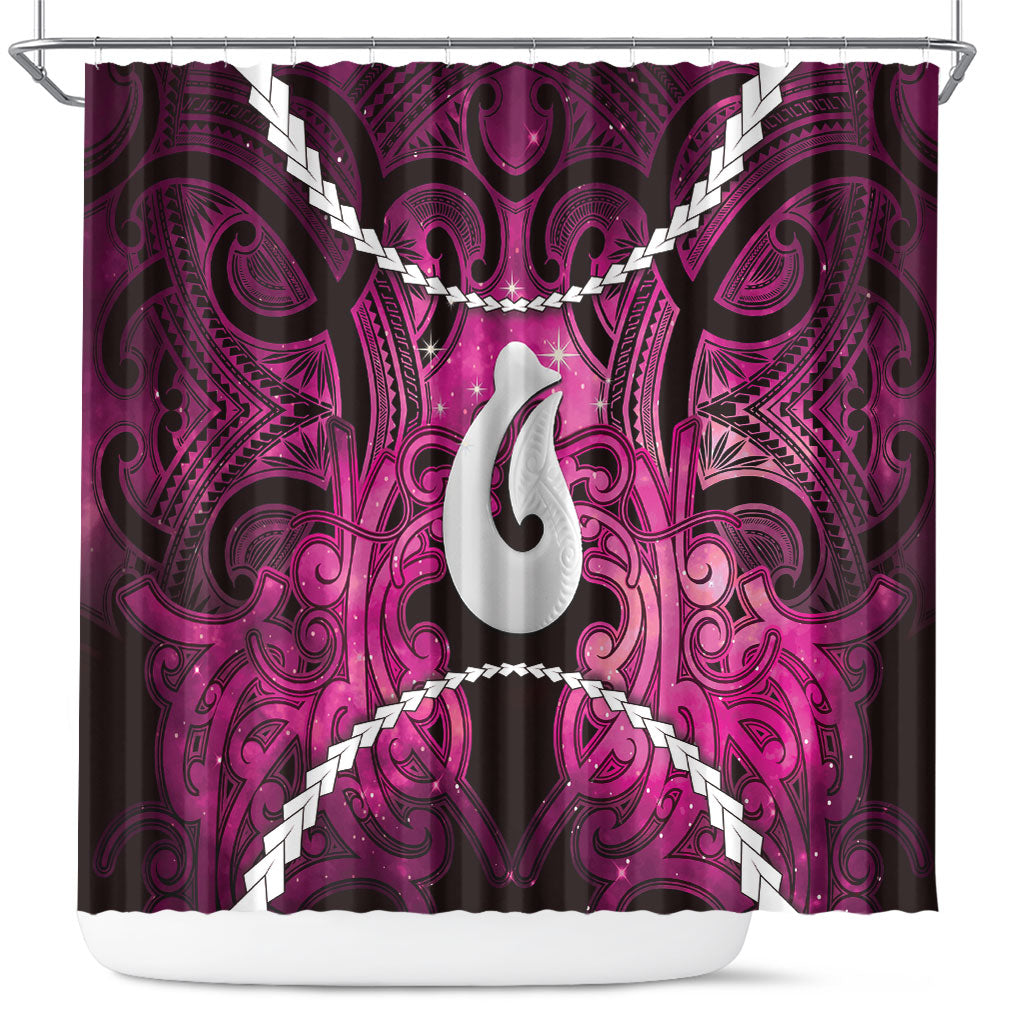 Maori Matariki Hei Matau Mawhero Shower Curtain Maori Kowhaiwhai Pattern Galaxy LT01 Pink - Polynesian Pride