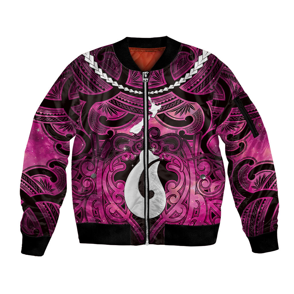 Personalised Maori Matariki Hei Matau Mawhero Sleeve Zip Bomber Jacket Maori Kowhaiwhai Pattern Galaxy LT01 Unisex Pink - Polynesian Pride