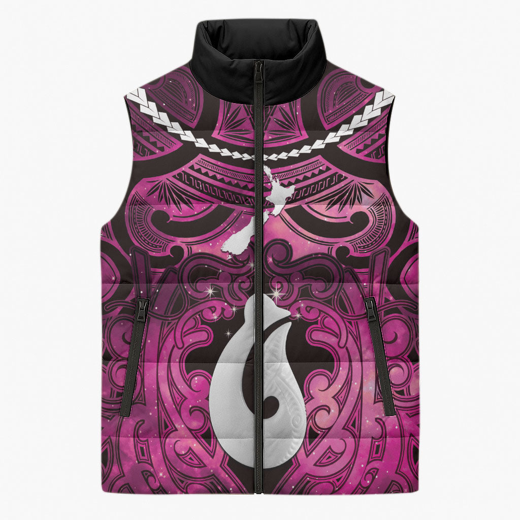 Personalised Maori Matariki Hei Matau Mawhero Sleeveless Puffer Jacket Maori Kowhaiwhai Pattern Galaxy LT01 Unisex Pink - Polynesian Pride