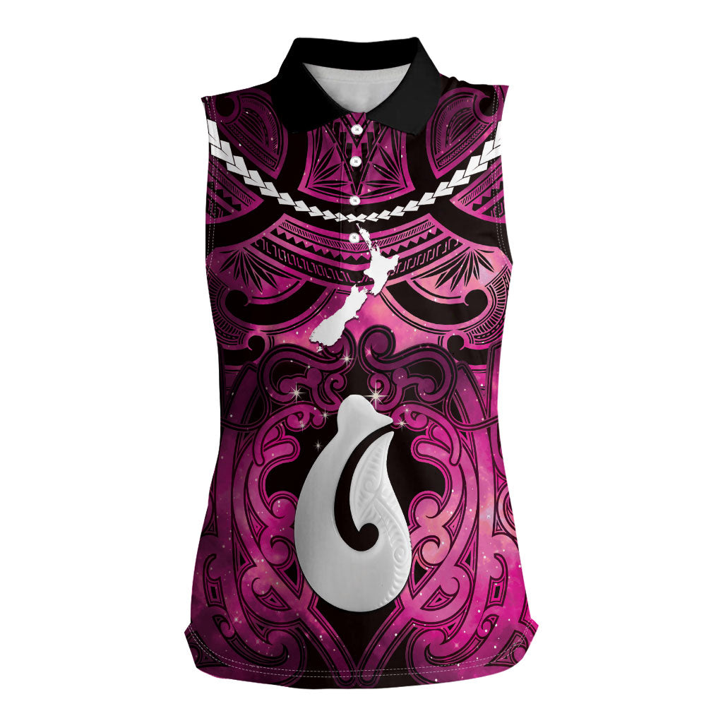 Personalised Maori Matariki Hei Matau Mawhero Women Sleeveless Polo Shirt Maori Kowhaiwhai Pattern Galaxy LT01 Female Pink - Polynesian Pride