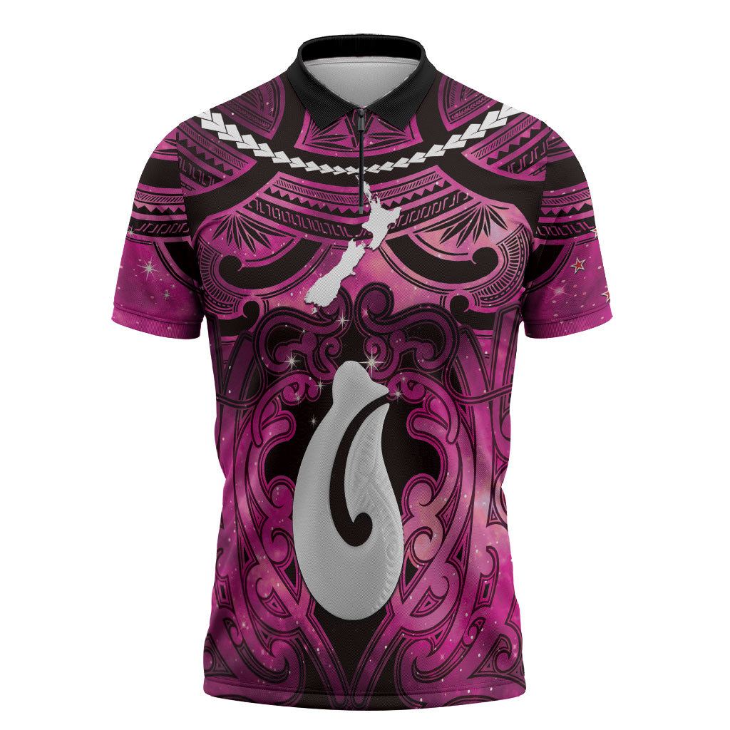 Personalised Maori Matariki Hei Matau Mawhero Zipper Polo Shirt Maori Kowhaiwhai Pattern Galaxy LT01 Pink - Polynesian Pride