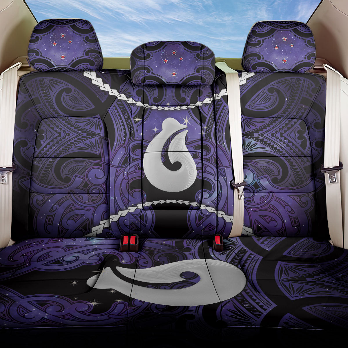 Maori Matariki Hei Matau Waiporoporo Back Car Seat Cover Maori Kowhaiwhai Pattern Galaxy LT01 One Size Purple - Polynesian Pride