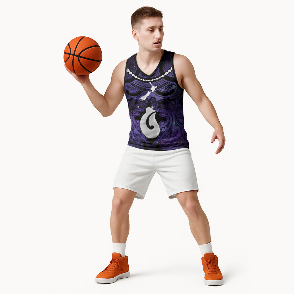 Personalised Maori Matariki Hei Matau Waiporoporo Basketball Jersey Maori Kowhaiwhai Pattern Galaxy LT01 - Polynesian Pride