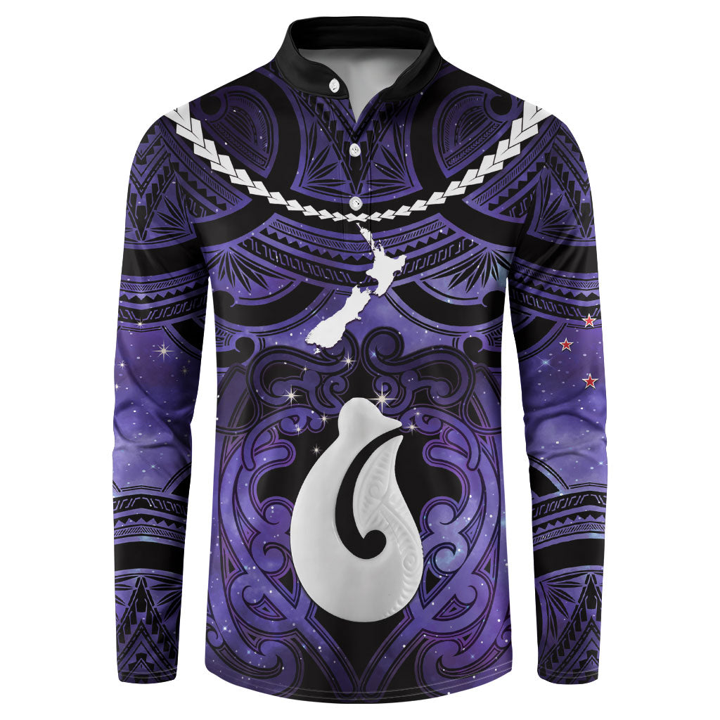 Personalised Maori Matariki Hei Matau Waiporoporo Button Sweatshirt Maori Kowhaiwhai Pattern Galaxy