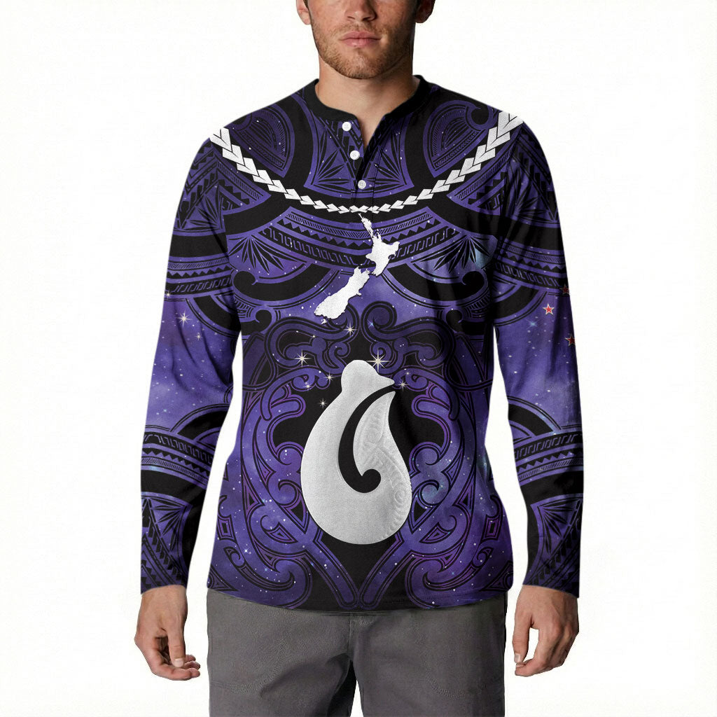 Personalised Maori Matariki Hei Matau Waiporoporo Button Sweatshirt Maori Kowhaiwhai Pattern Galaxy