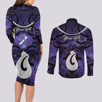 Personalised Maori Matariki Hei Matau Waiporoporo Couples Matching Long Sleeve Bodycon Dress and Long Sleeve Button Shirt Maori Kowhaiwhai Pattern Galaxy