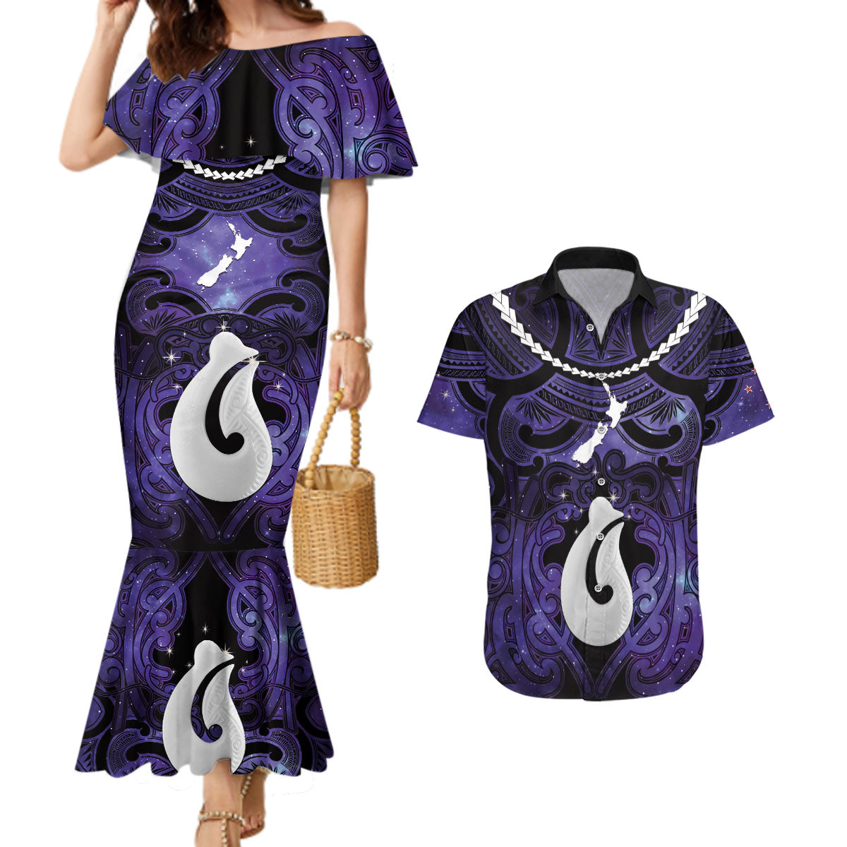 Personalised Maori Matariki Hei Matau Waiporoporo Couples Matching Mermaid Dress and Hawaiian Shirt Maori Kowhaiwhai Pattern Galaxy
