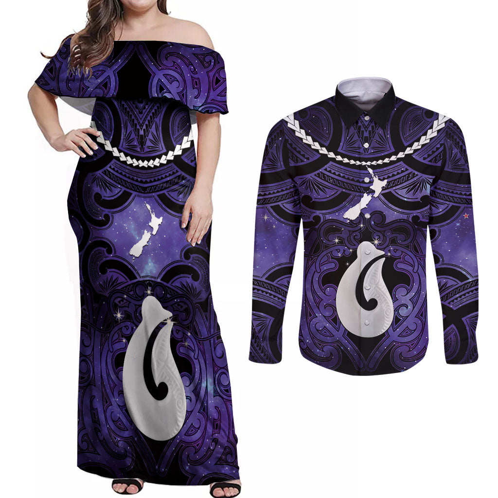 Personalised Maori Matariki Hei Matau Waiporoporo Couples Matching Off Shoulder Maxi Dress and Long Sleeve Button Shirt Maori Kowhaiwhai Pattern Galaxy