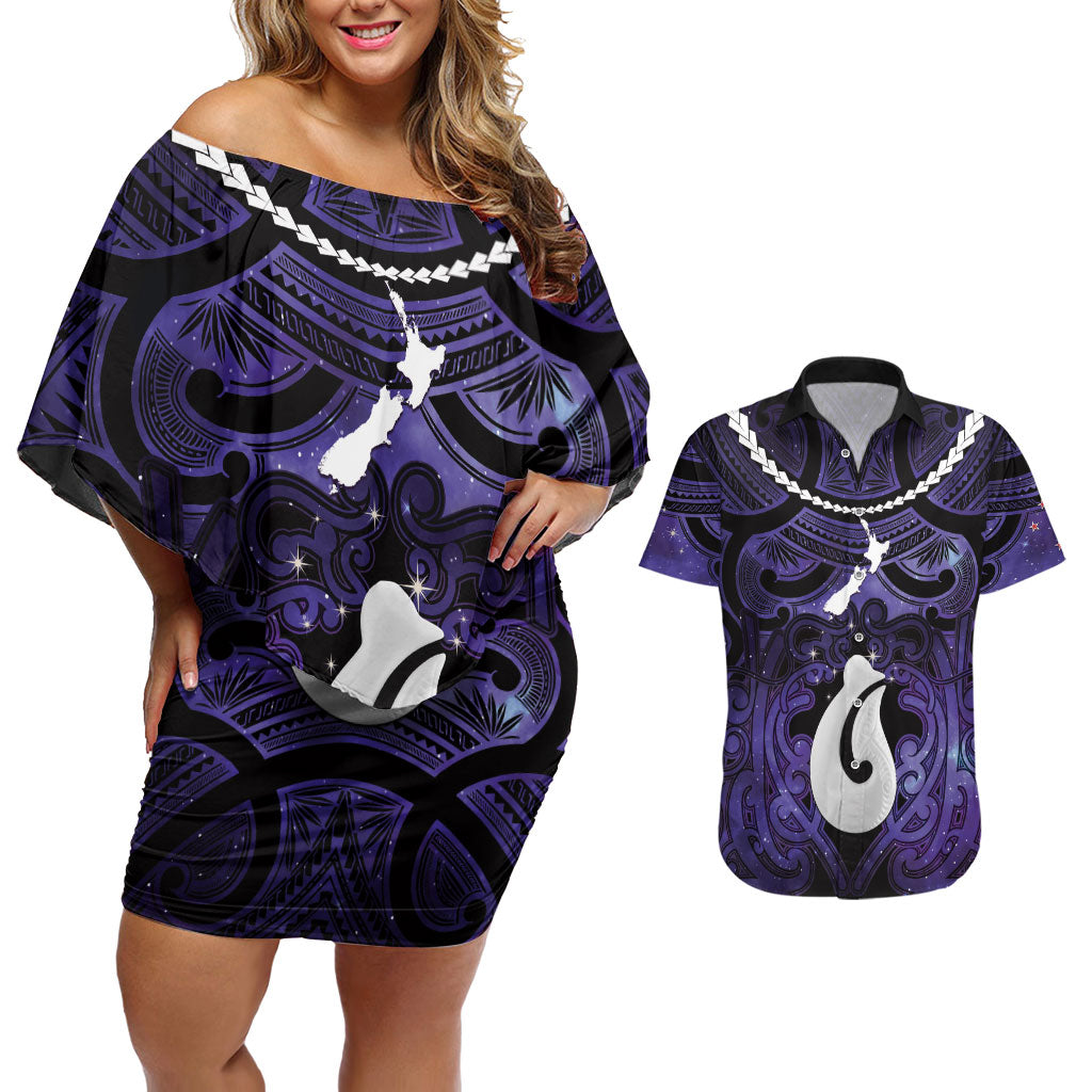 Personalised Maori Matariki Hei Matau Waiporoporo Couples Matching Off Shoulder Short Dress and Hawaiian Shirt Maori Kowhaiwhai Pattern Galaxy LT01 Purple - Polynesian Pride