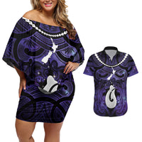 Personalised Maori Matariki Hei Matau Waiporoporo Couples Matching Off Shoulder Short Dress and Hawaiian Shirt Maori Kowhaiwhai Pattern Galaxy