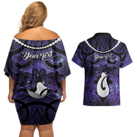 Personalised Maori Matariki Hei Matau Waiporoporo Couples Matching Off Shoulder Short Dress and Hawaiian Shirt Maori Kowhaiwhai Pattern Galaxy