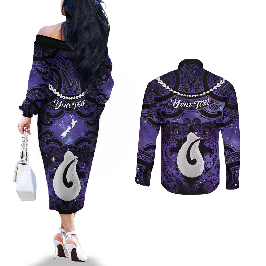 Personalised Maori Matariki Hei Matau Waiporoporo Couples Matching Off The Shoulder Long Sleeve Dress and Long Sleeve Button Shirt Maori Kowhaiwhai Pattern Galaxy
