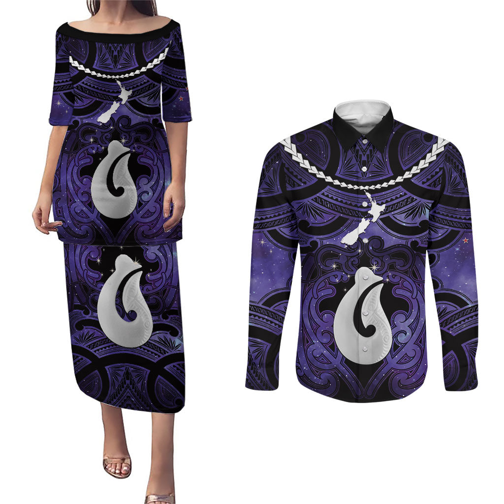 Personalised Maori Matariki Hei Matau Waiporoporo Couples Matching Puletasi and Long Sleeve Button Shirt Maori Kowhaiwhai Pattern Galaxy LT01 Purple - Polynesian Pride
