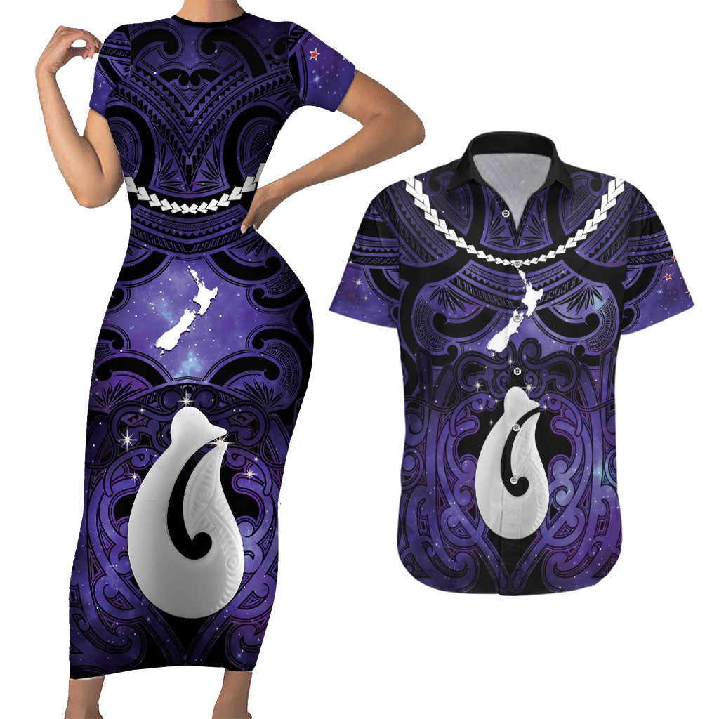 Personalised Maori Matariki Hei Matau Waiporoporo Couples Matching Short Sleeve Bodycon Dress and Hawaiian Shirt Maori Kowhaiwhai Pattern Galaxy