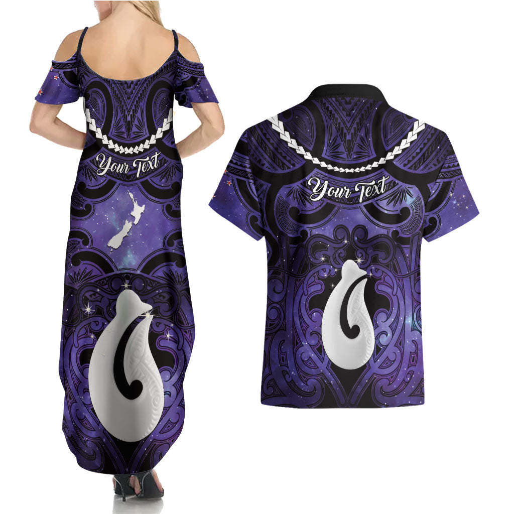 Personalised Maori Matariki Hei Matau Waiporoporo Couples Matching Summer Maxi Dress and Hawaiian Shirt Maori Kowhaiwhai Pattern Galaxy