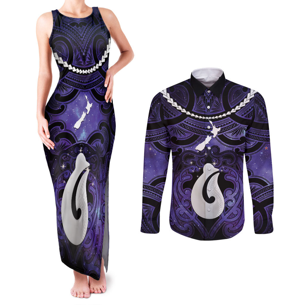 Personalised Maori Matariki Hei Matau Waiporoporo Couples Matching Tank Maxi Dress and Long Sleeve Button Shirt Maori Kowhaiwhai Pattern Galaxy