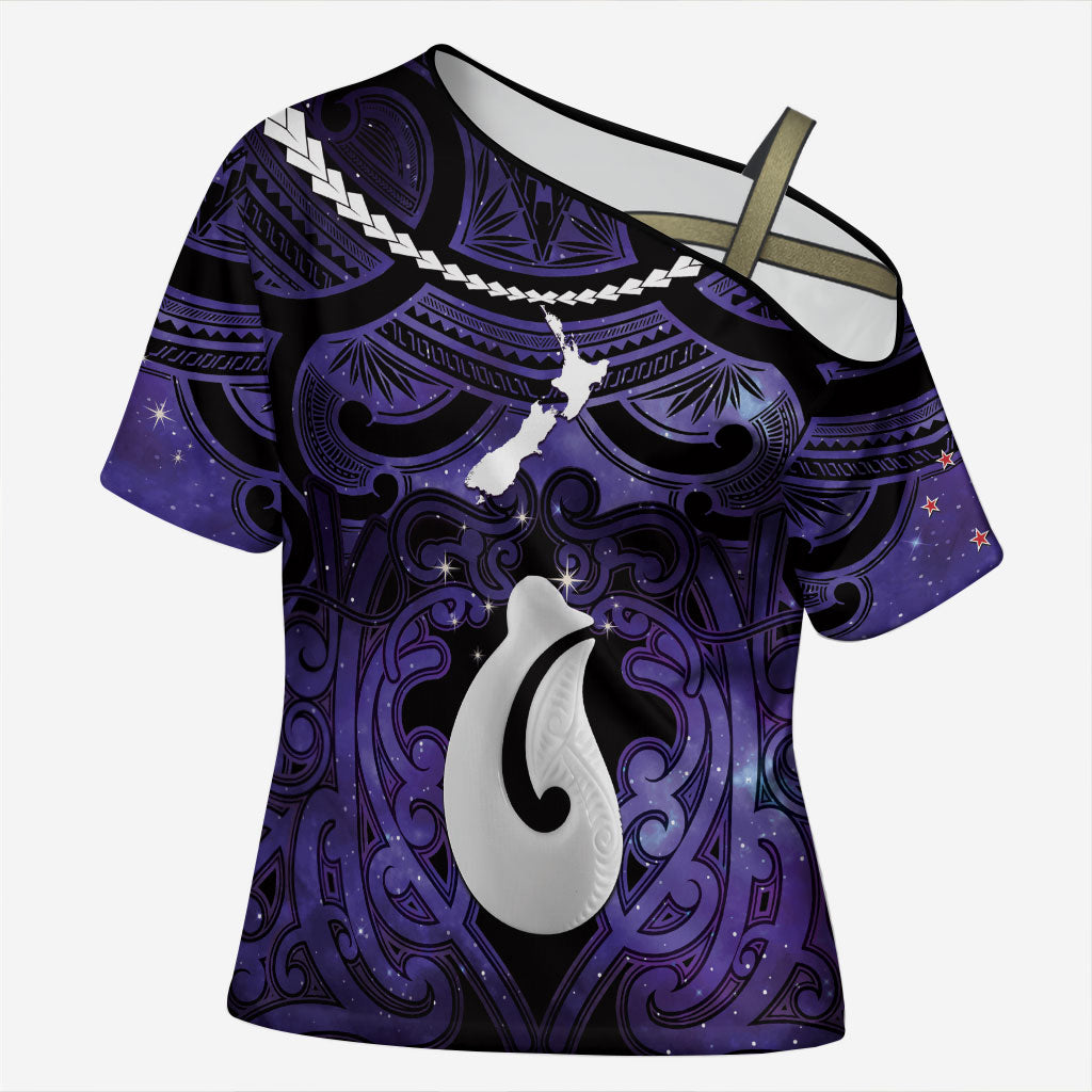 Personalised Maori Matariki Hei Matau Waiporoporo Cross Shoulder Shirt Maori Kowhaiwhai Pattern Galaxy LT01 Female Purple - Polynesian Pride