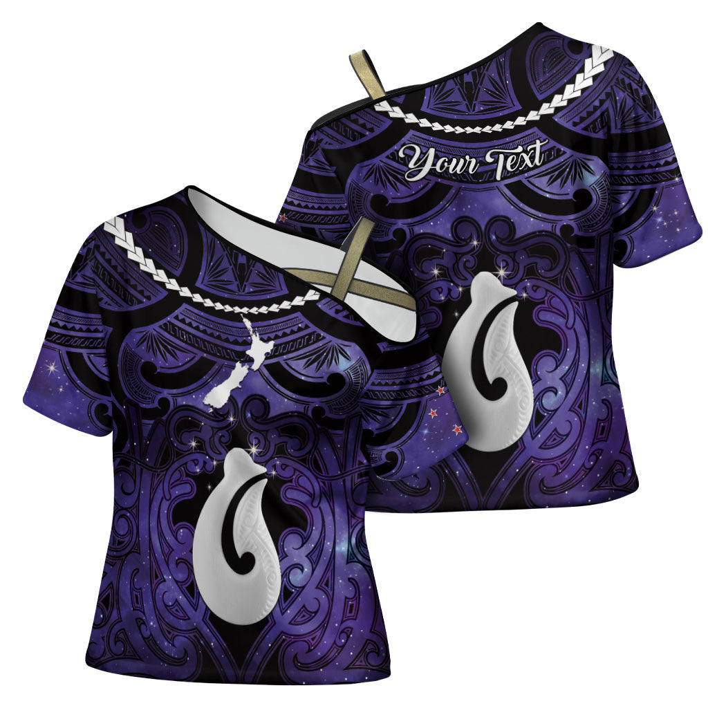 Personalised Maori Matariki Hei Matau Waiporoporo Cross Shoulder Shirt Maori Kowhaiwhai Pattern Galaxy LT01 - Polynesian Pride