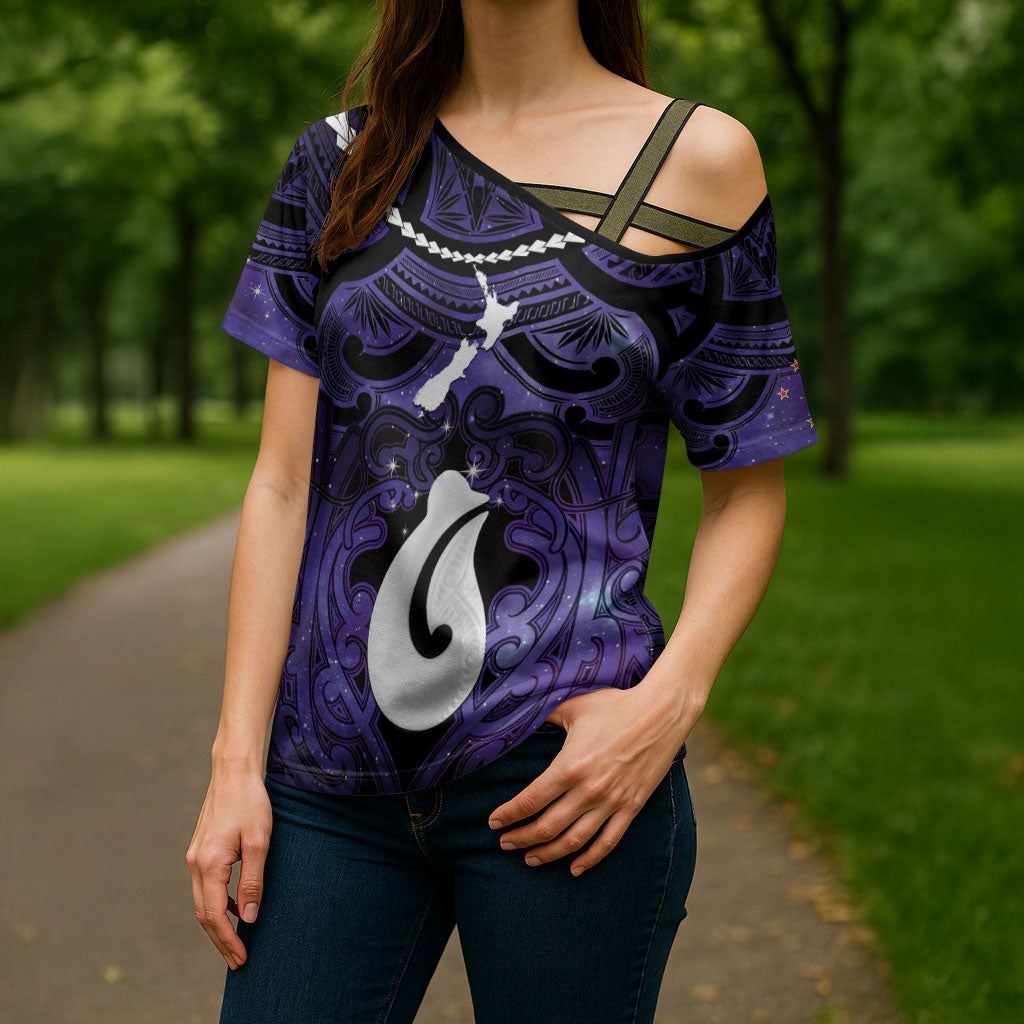 Personalised Maori Matariki Hei Matau Waiporoporo Cross Shoulder Shirt Maori Kowhaiwhai Pattern Galaxy LT01 - Polynesian Pride