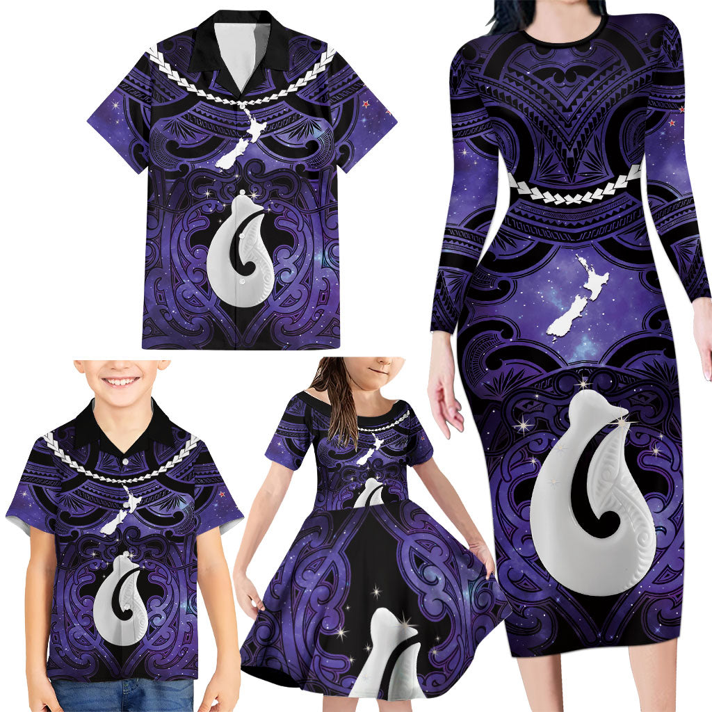 Personalised Maori Matariki Hei Matau Waiporoporo Family Matching Long Sleeve Bodycon Dress and Hawaiian Shirt Maori Kowhaiwhai Pattern Galaxy LT01 - Polynesian Pride