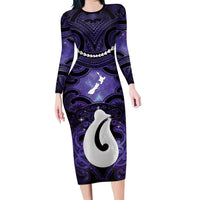 Personalised Maori Matariki Hei Matau Waiporoporo Family Matching Long Sleeve Bodycon Dress and Hawaiian Shirt Maori Kowhaiwhai Pattern Galaxy