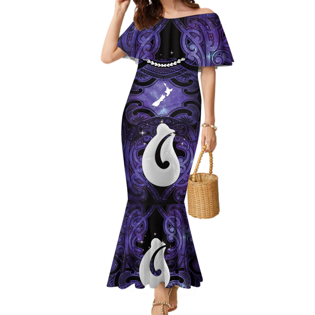 Personalised Maori Matariki Hei Matau Waiporoporo Family Matching Mermaid Dress and Hawaiian Shirt Maori Kowhaiwhai Pattern Galaxy