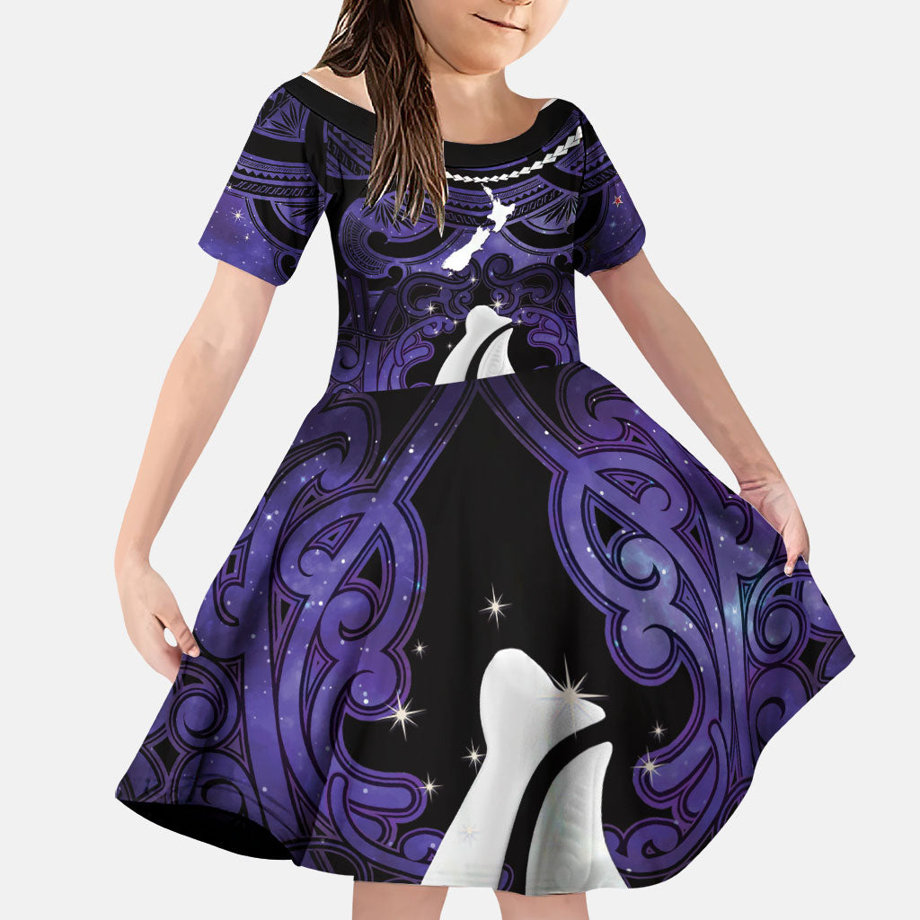Personalised Maori Matariki Hei Matau Waiporoporo Family Matching Off The Shoulder Long Sleeve Dress and Hawaiian Shirt Maori Kowhaiwhai Pattern Galaxy